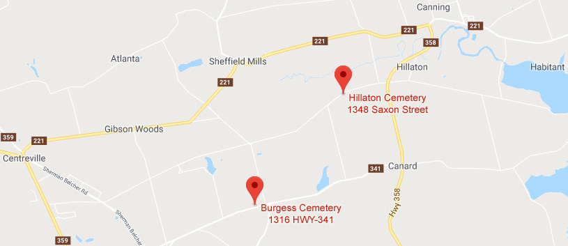 Map locations of Burgess Cemetery and Hillaton Cemetery